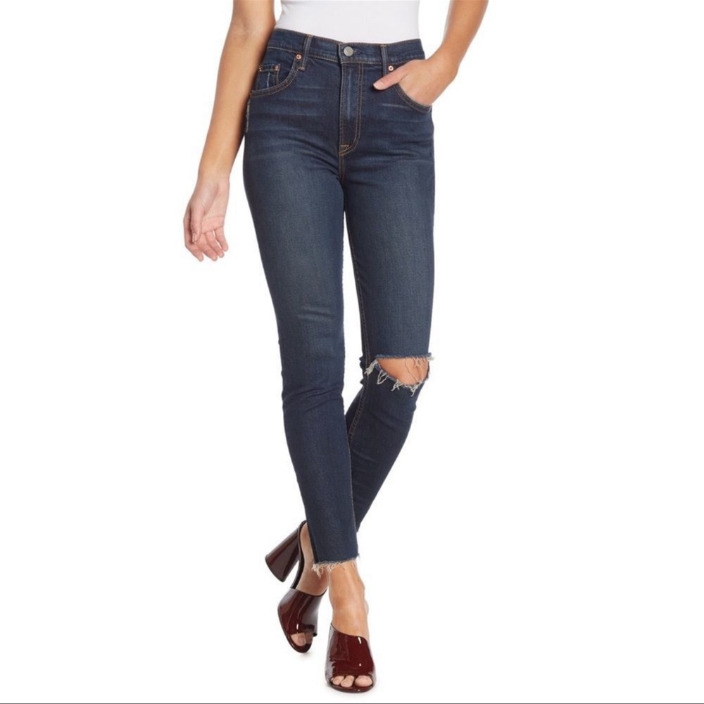 GRLFRND Kendall High Rise Jeans in Marbled Blue Raw Hem Size 27